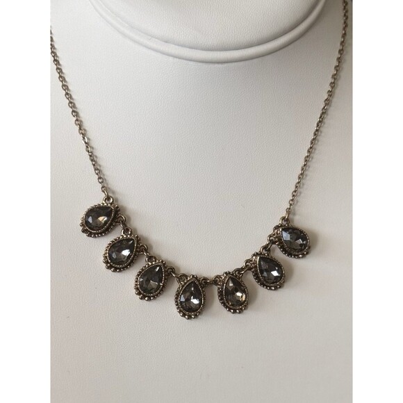 Smoky Gray Rhinestone Teardrop Bib Necklace Statement  Bronze Tone Chain Women - Picture 11 of 11